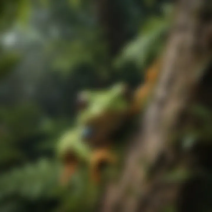 Curious Tree Frog blending into the vibrant greenery of the rainforest