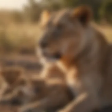 Maternal Bonds in Lion Prides A lioness nursing her cubs, highlighting maternal instincts
