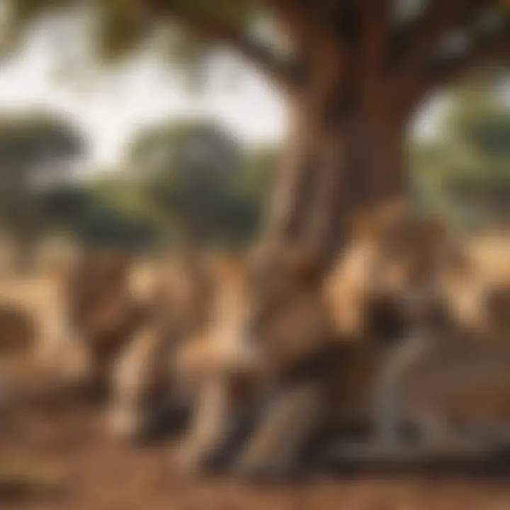 A pride of lions resting together under the shade of a tree