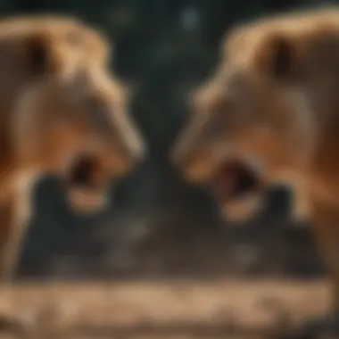 Territorial Conflict Among Lions Two lions engaged in a territorial dispute, showcasing aggression