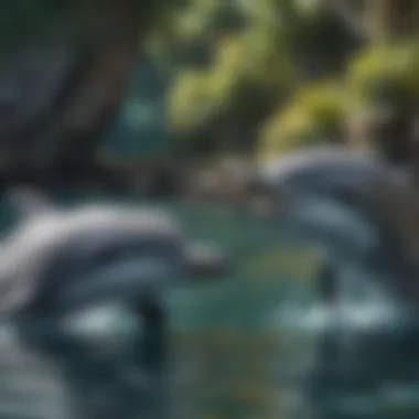 Dolphins interacting with each other in a vibrant marine environment