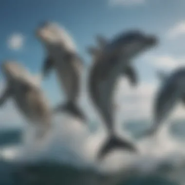 A playful scene of dolphins leaping out of the ocean, symbolizing joy and social interaction