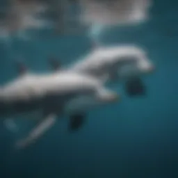 A close-up of dolphins swimming together, showcasing their social behavior