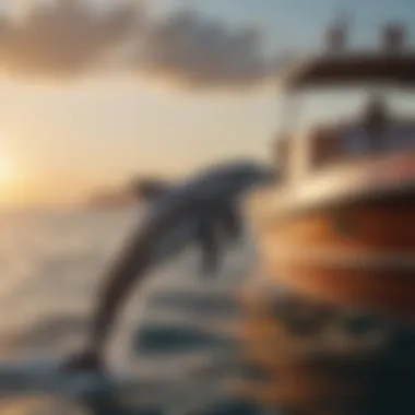 Dolphins swimming alongside a boat in the open sea