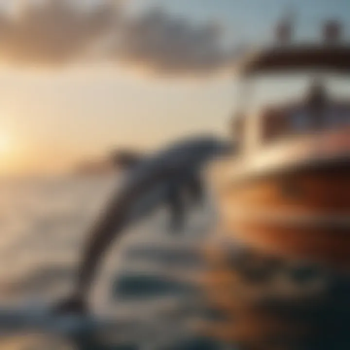 Dolphins swimming alongside a boat in the open sea