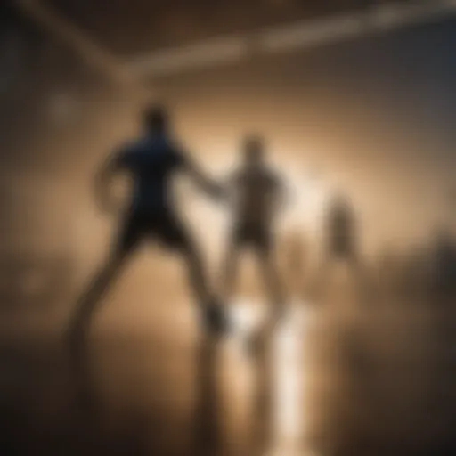 Silhouettes of badminton players engaged in intense match