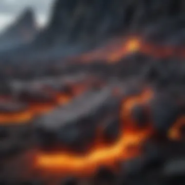 Volcanic landscape with active lava flows on Hawaiian island