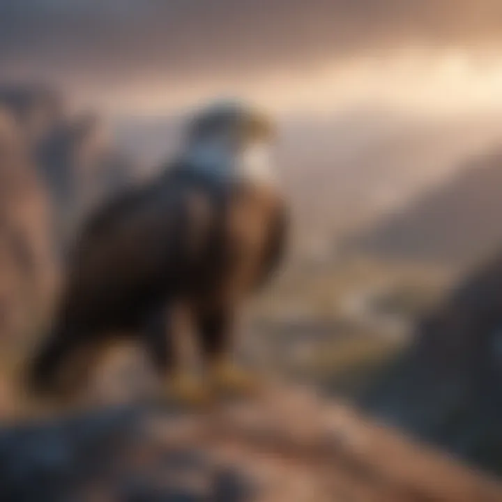 Eagle perched on a rugged cliff overlooking vast landscape