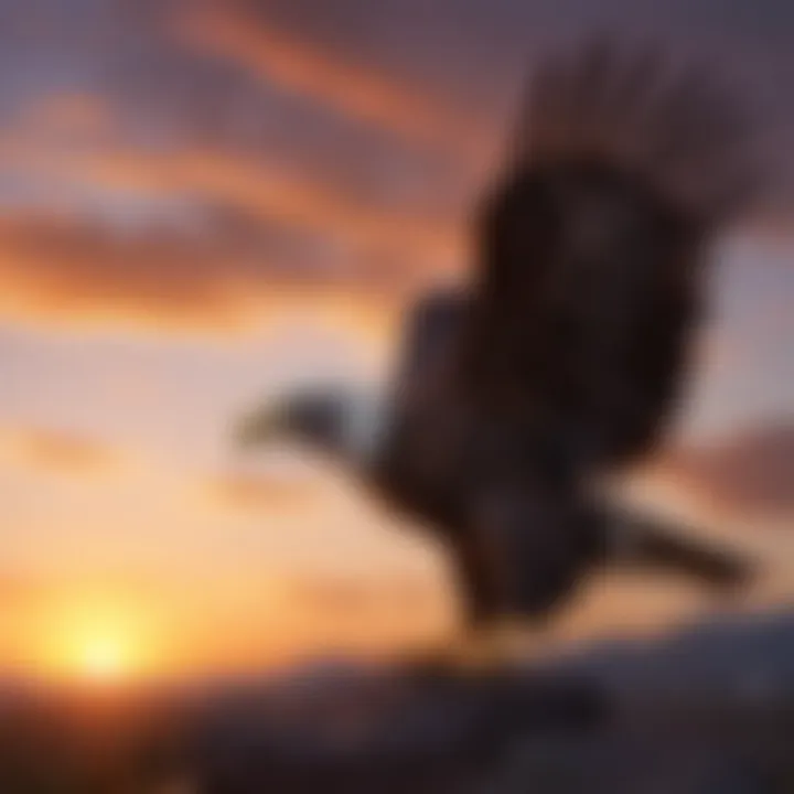 Silhouette of an eagle against a vibrant sunset sky in the wilderness