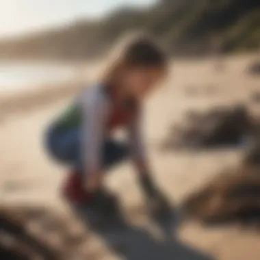 Child picking up litter on a beach while wearing gloves