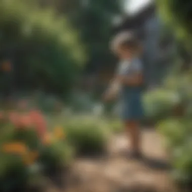 Child watering a garden filled with various plants and flowers