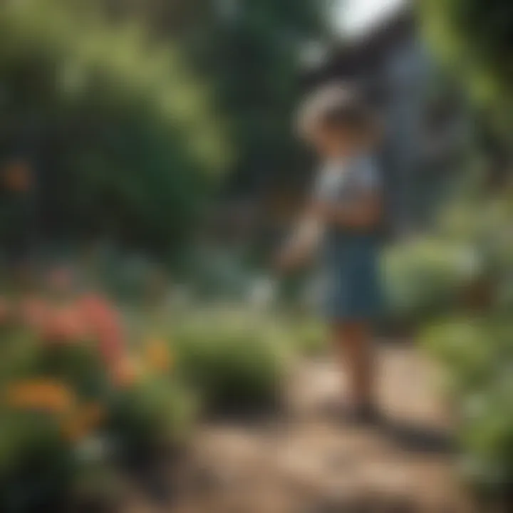 Child watering a garden filled with various plants and flowers