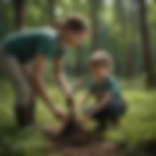 Child planting a tree in a lush green forest