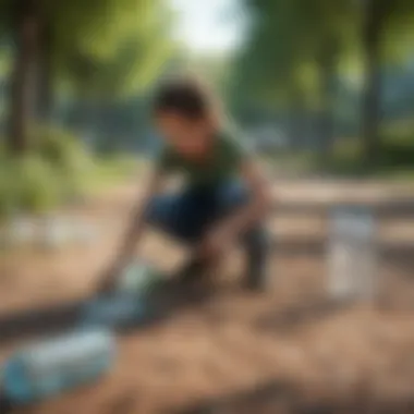 Child collecting and recycling plastic bottles at a park