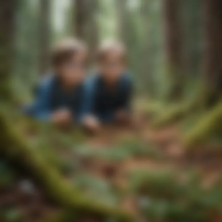 Kids exploring a forest trail with magnifying glasses
