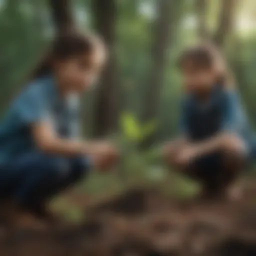 Children planting trees in a lush forest