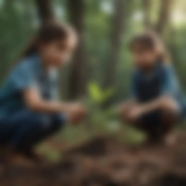 Children planting trees in a lush forest