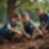 A vibrant Earth Day celebration with children planting trees