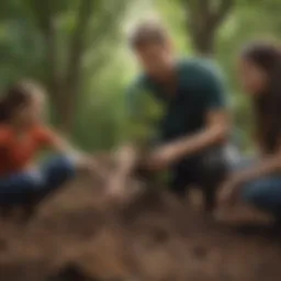 Illustration of Earth Day celebrations with diverse group of activists planting trees