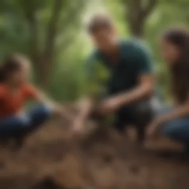 Illustration of Earth Day celebrations with diverse group of activists planting trees