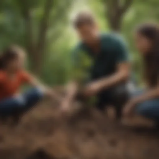 Illustration of Earth Day celebrations with diverse group of activists planting trees