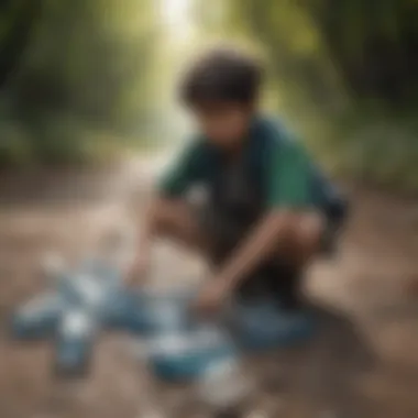 Boy collecting plastic bottles for recycling