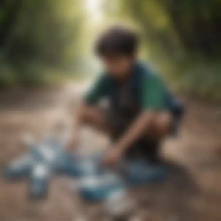 Boy collecting plastic bottles for recycling