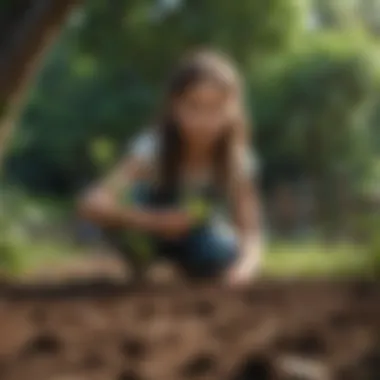 Young girl planting tree in garden