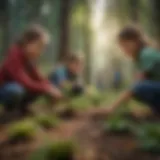 Illustration depicting children planting trees in a lush green forest