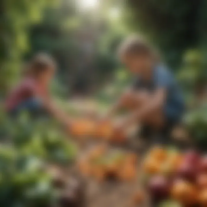Illustration of children creating a sustainable garden with various fruits and vegetables