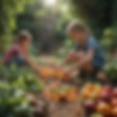 Harvesting Eco-Friendly Gardens Illustration of children creating a sustainable garden with various fruits and vegetables