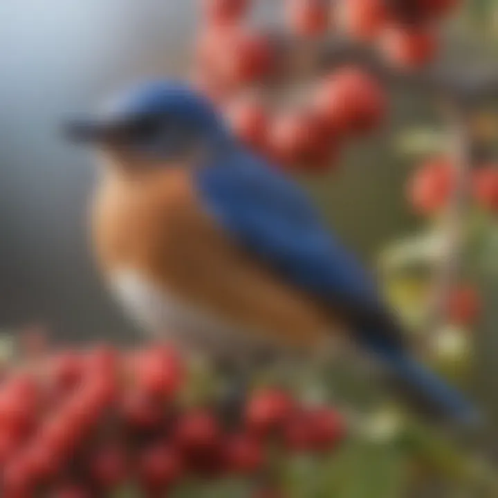 Close-up view of an eastern bluebird feeding on berries