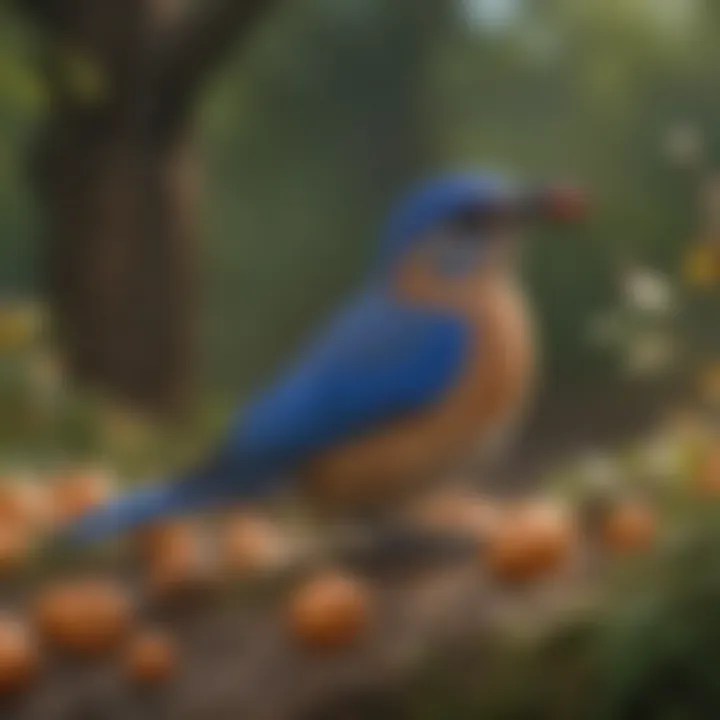 A natural habitat scene featuring fruits and insects available for bluebirds