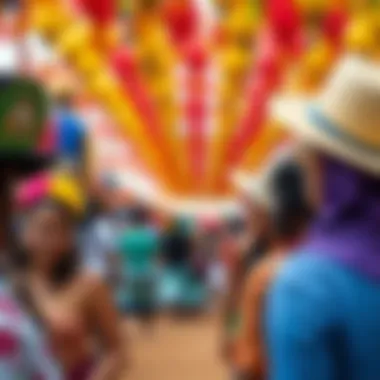 A lively festival scene, showcasing colorful decorations and community participation.