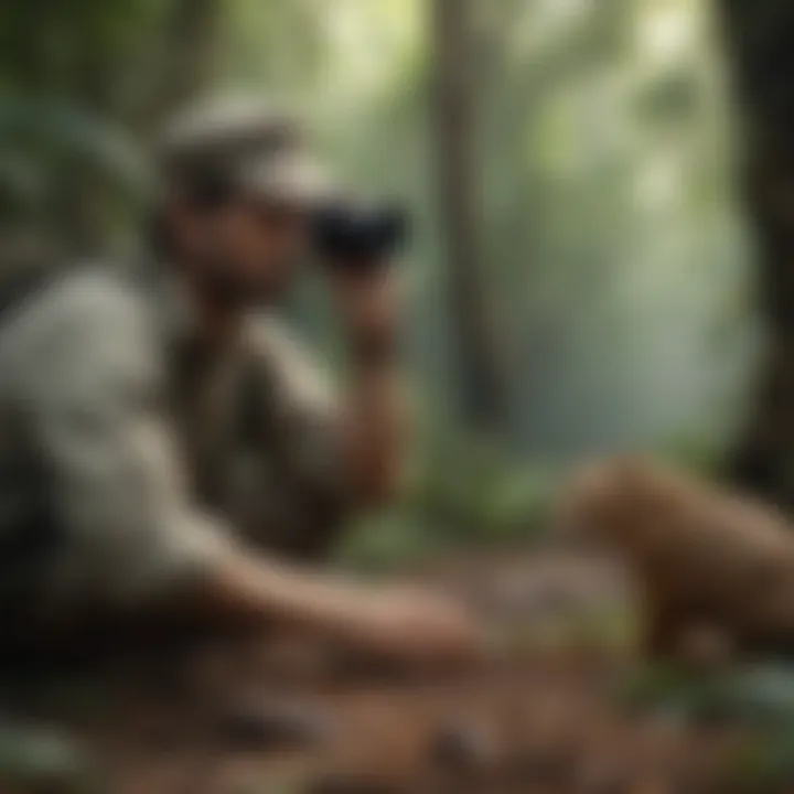 Wildlife biologist observing a rare species in the jungle