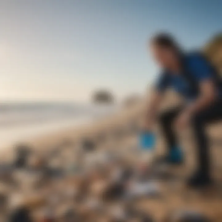 Ocean cleanup volunteer collecting plastic waste on the beach