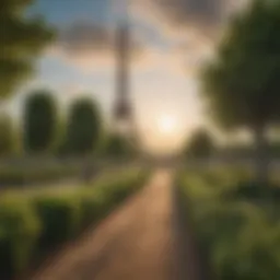 A panoramic view of the Eiffel Tower surrounded by the greenery of Champ de Mars.