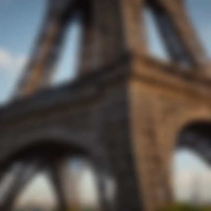 Close-up of intricate metal lattice work on the Eiffel Tower