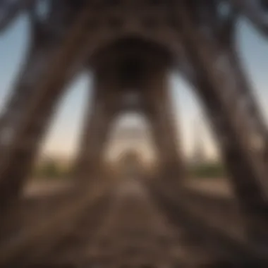 Abstract view of Eiffel Tower's intricate iron lattice