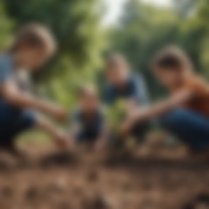 A group of children engaged in planting trees in a community garden.