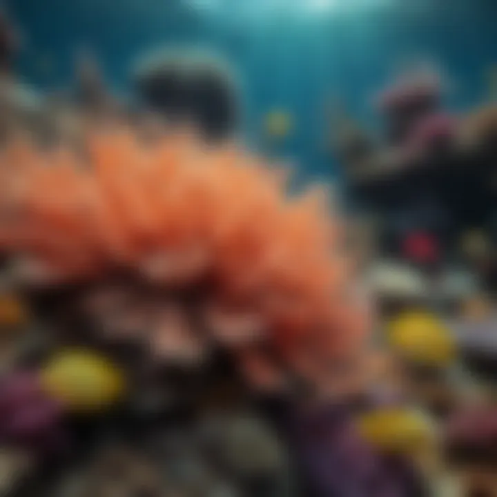 A vibrant coral reef bustling with colorful fish and marine life.