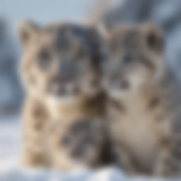 Snow leopard cub with its mother in the snowy landscape