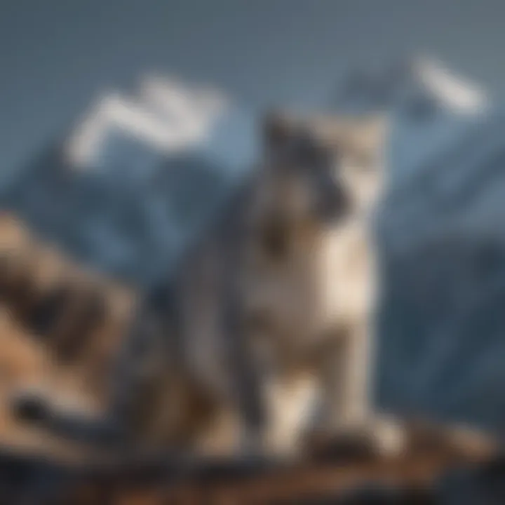 Snow leopard silhouette against a backdrop of mountain peaks