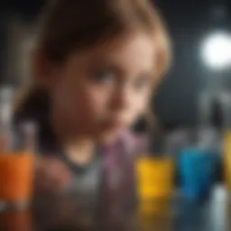 A child observing a colorful chemical reaction in a beaker