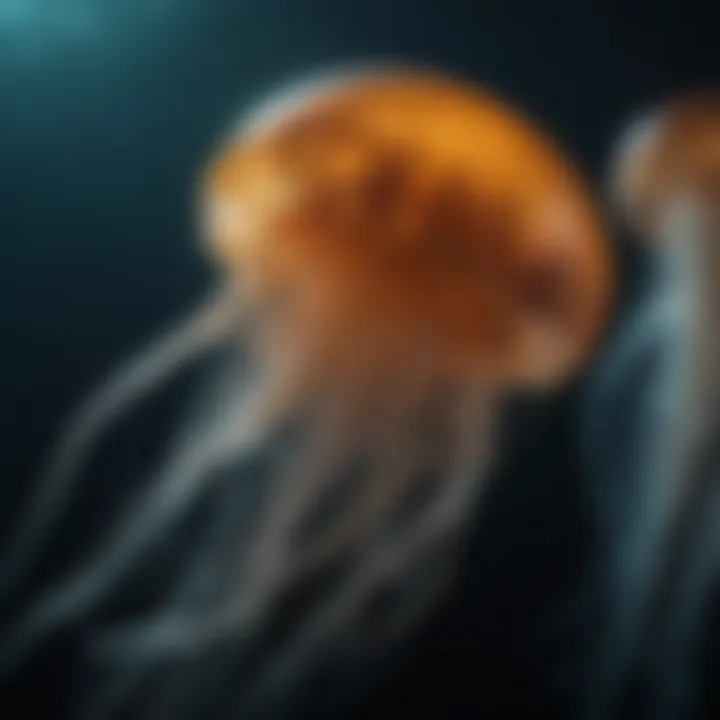 Enigmatic Pelagia Noctiluca Jellyfish glowing in dark ocean depths