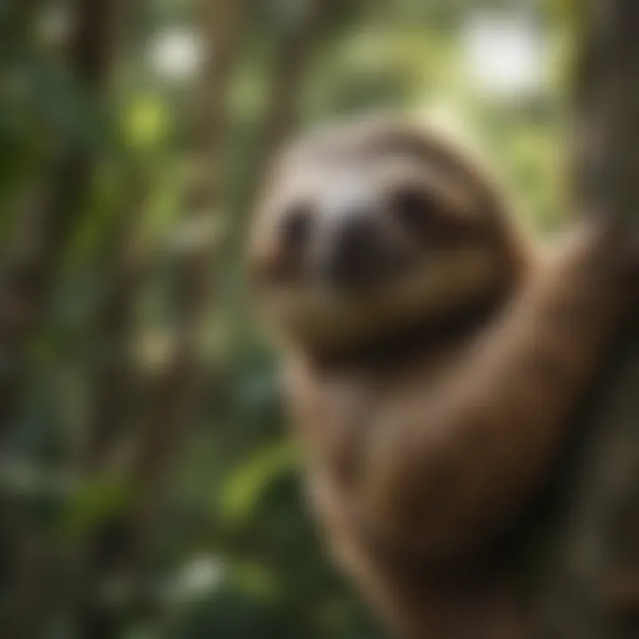 Sloth slowly moving along tree branches with deliberate grace