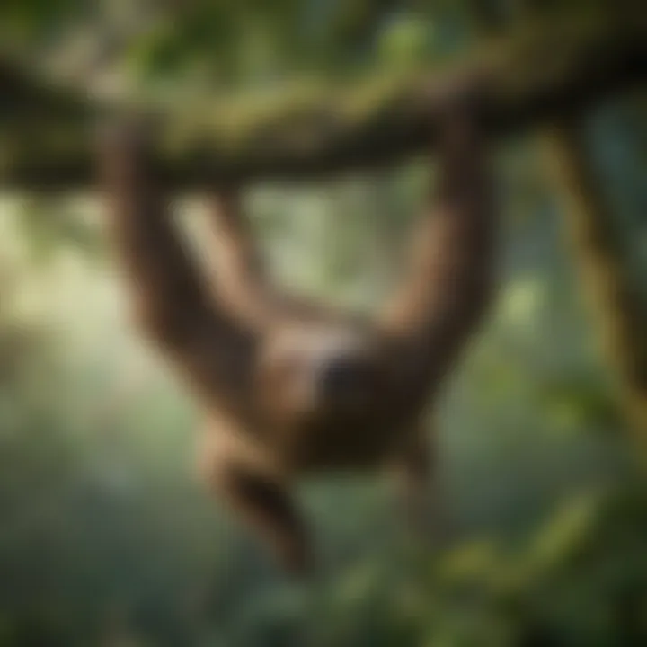 Majestic sloth hanging upside down in lush forest canopy