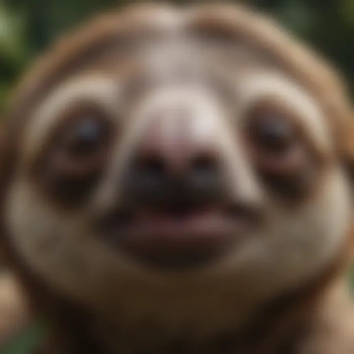 Close-up of sloth's unique facial features and expressive eyes