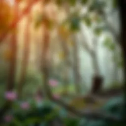 A vibrant forest ecosystem showcasing diverse flora and fauna