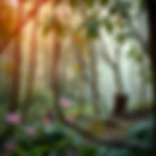 A vibrant forest ecosystem showcasing diverse flora and fauna